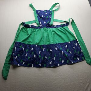 Vintage Handmade Cat Print Full Bib Apron w Large Pockets Green Blue